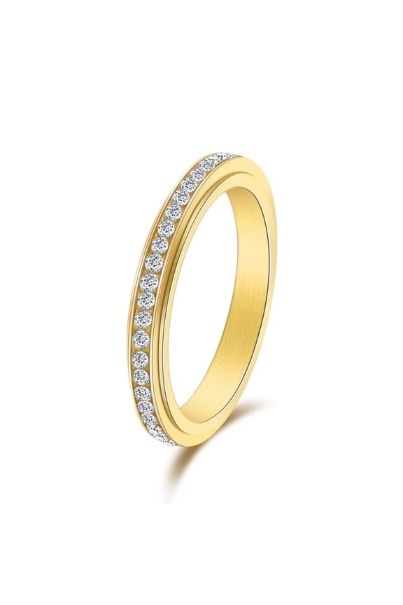 3mm Thin14K Yellow Gold Stackable CZ Eternity Spinner Ring Wedding Band for Women Men
