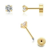 DUANHUI 3mm Tiny CZ Screw on Flat Back Stud Earrings,14K Gold Flat Back Cubic Zirconia Earrings for Helix Cartilage Tragus Earlobe Piercing Jewelry Gift for Women Girls Toddlers(3mm CZ, Gold)