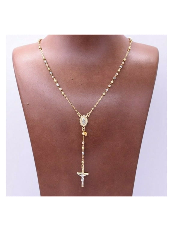 3mm Diamond-Cut Cross Rosary Crucifix Unisex Adult Necklace 10K Tri Color Gold, All Sizes - GOLDUM NYC