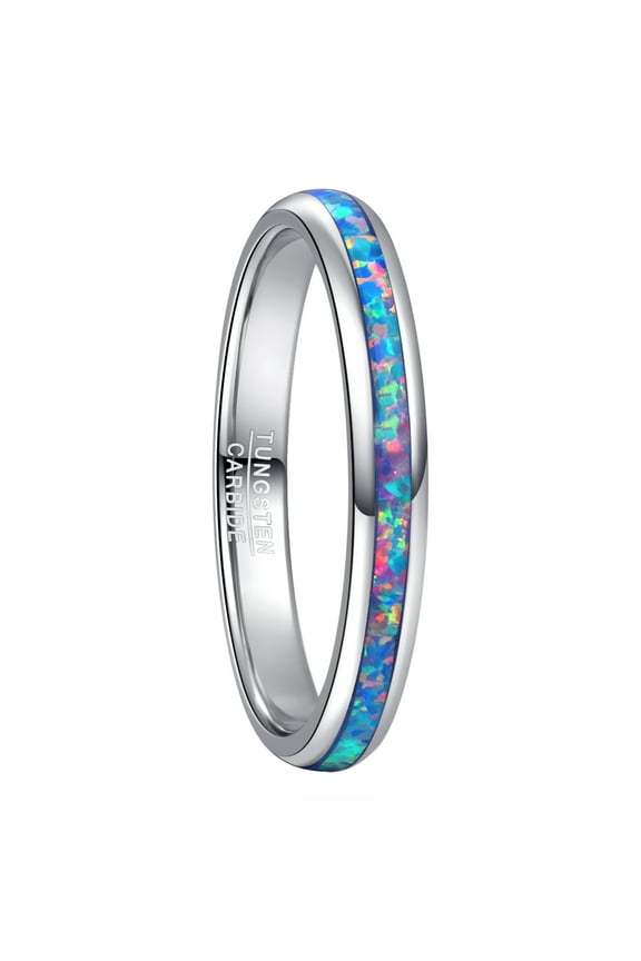 3mm Tungsten Rings for Women Blue Opal Inlay Wedding Rings Polished Band Size 5-10