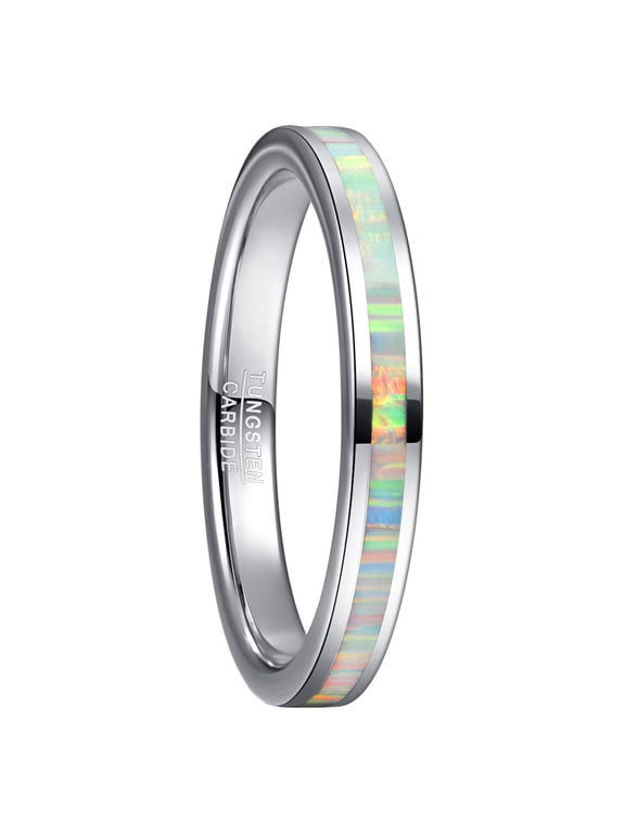 3mm Tungsten Rings for Women White Opal Inlay Wedding Rings Polished Band Size 5-10
