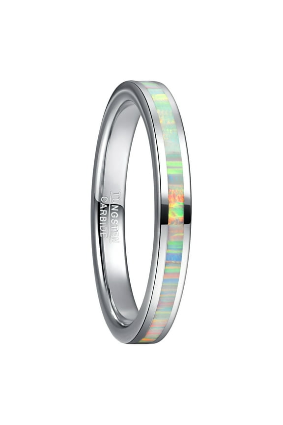 3mm Tungsten Rings for Women White Opal Inlay Wedding Rings Polished Band Size 5-10
