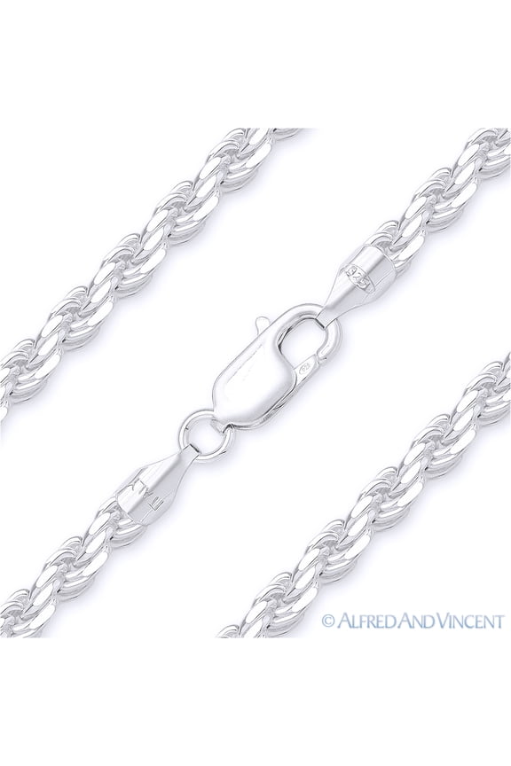 3mm Twist-Rope Diamond-Cut Link Italian Chain Bracelet in Solid .925 Sterling Silver