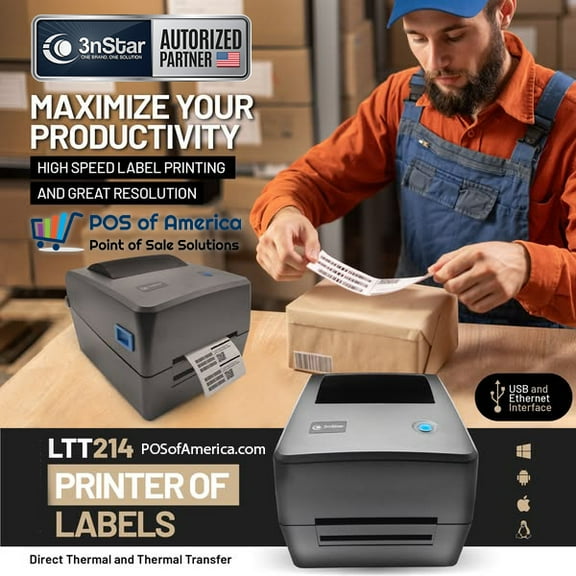 3nStar 4 in Direct Thermal Thermal Transfer Label Printer (LTT214) with Bartender Label Printing Software USB ETHERNET