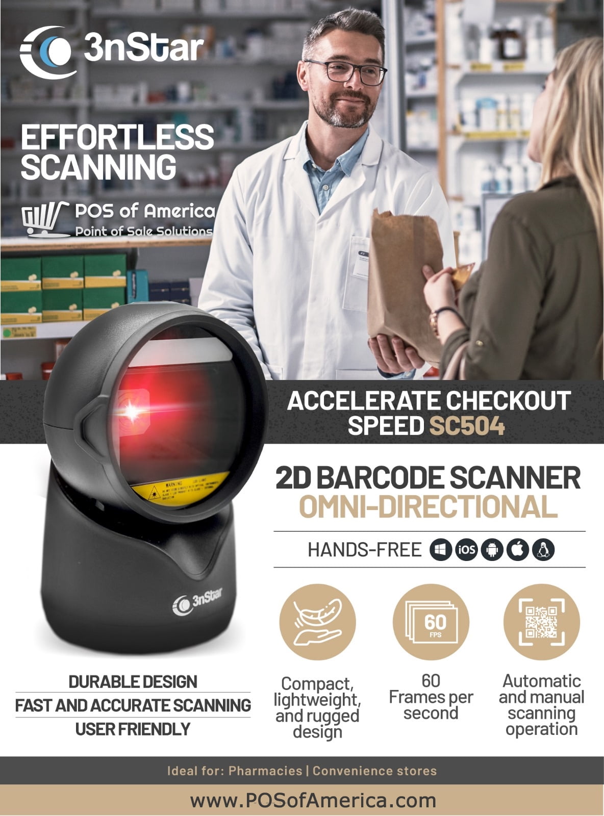 3nStar2D Hands Free Omni-directional Barcode Scanner SC504 USB ...