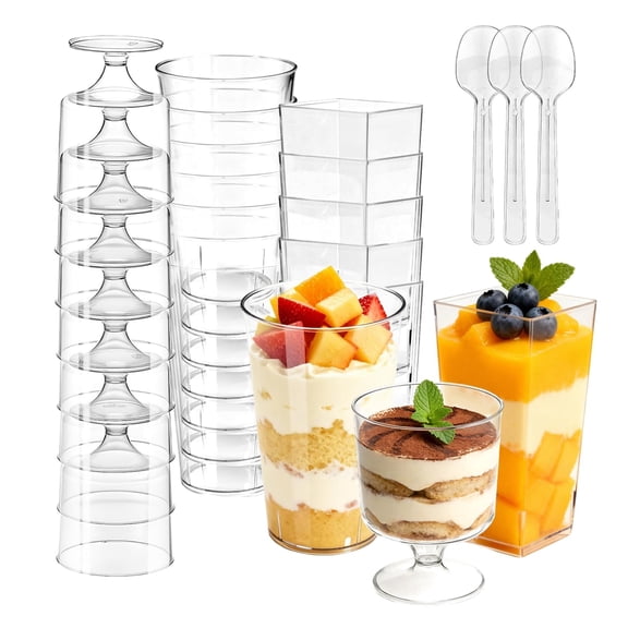 3oz-120pack Plastic Dessert Cups with Spoons, Multi-Shape Serving Cups for Snacks, Appetizers and Desserts