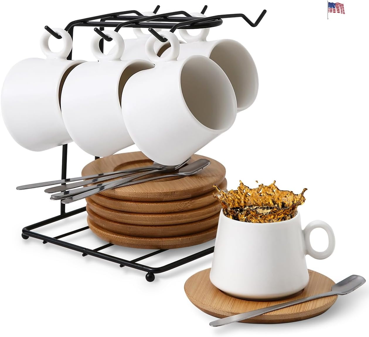 White Ceramic Espresso Cup and Wooden Saucer Set with Holder