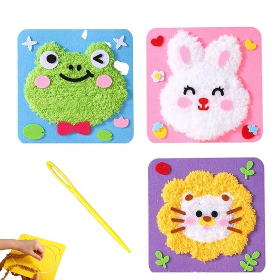 3pack Cute DIY Embroidery Set,Durable Animal Felt Embroidery Stitching Kit,Portable Cartoon Animal Sewing Projects for DIY Crafts Projects Activities,Frog/lion/rabbit