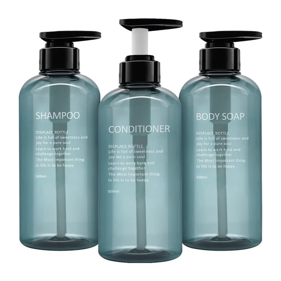 3pack Empty Pump Lotion Dispenser Bottles 16oz Round Plastic Storage Shampoo Conditioner Body Wash Squat Refillable Containers Set for Home Bathroom Shower Toilet (Blue,500ML)