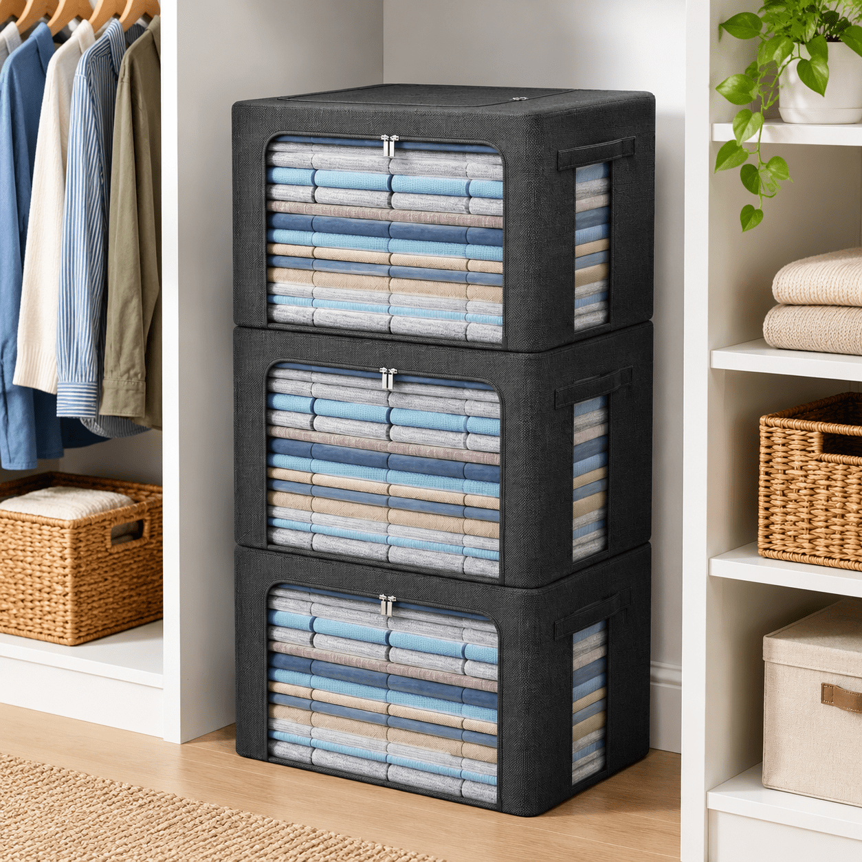 3pack Foldable Storb- Frame Box Linen Fabric Stackable Clothes ...
