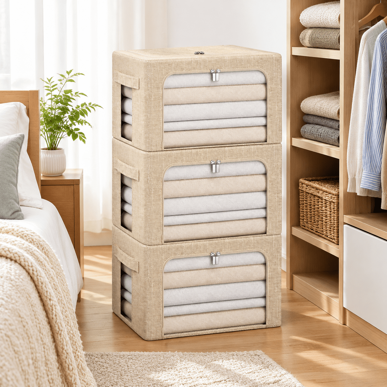 3pack Foldable Storb- Frame Box Linen Fabric Stackable Clothes ...