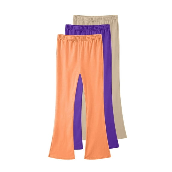 3pack Girls Pants Cotton Elastic Waist Solid Color Flared Trousers Casual Comfy Sporty Lightwight Outfits (8-9Years, Orange,Dark Blue,Khaki)