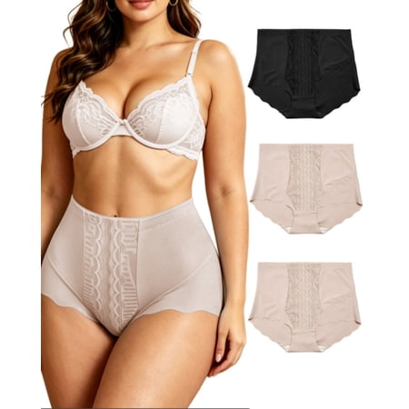 3Pack Women's High Waisted Panties Moderate Tummy Control Shapewear Panties Stretch Lace Briefs for Women