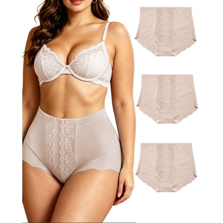 3Pack Women's High Waisted Panties Moderate Tummy Control Shapewear Panties Stretch Lace Briefs for Women