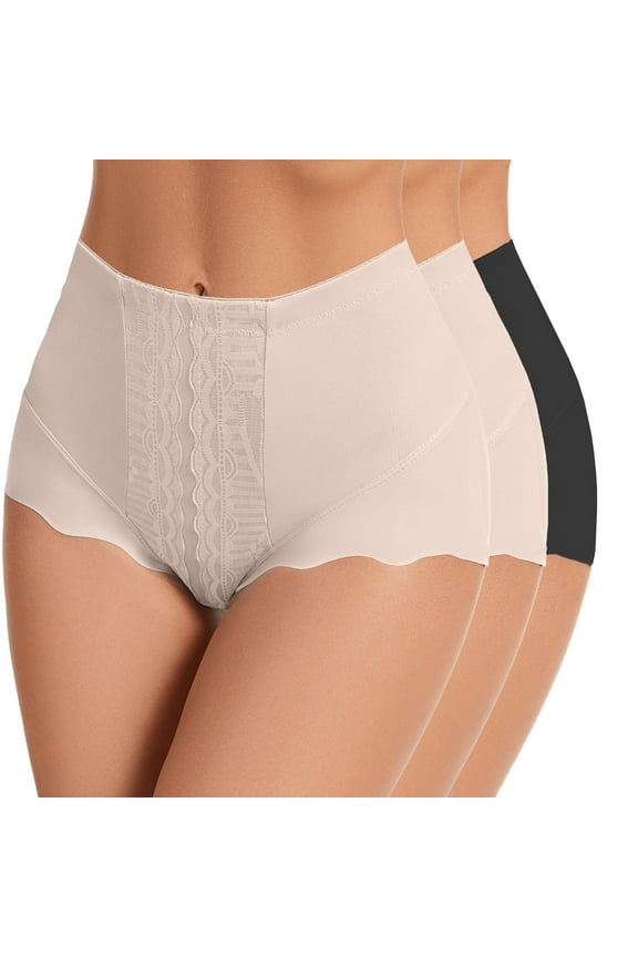 3-Pack Women's High-Waisted Shaping Underwear - Tummy Control Seamless Design, 1 Black + 2 Skin, Size XL