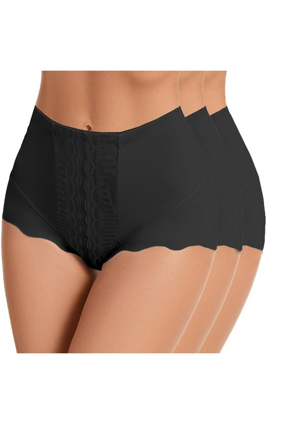 Women's High-Waisted Lace Panties - Tummy Control Seamless Underwear, 3 Black, Size XL
