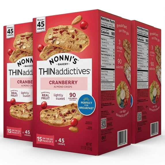Nonni's THINaddictives Cranberry Almond Crisps, 3 pack, 15 count, 45 crisps total