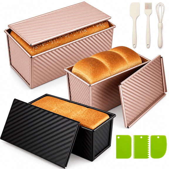 3pack Pullman Loaf Pans With Lids - 2.2 Lb & 1 1 Dough Capacity Non-stick Carbon Steel Bread For Homemade Sandwich And Sourdough Corrugated Toast Mold