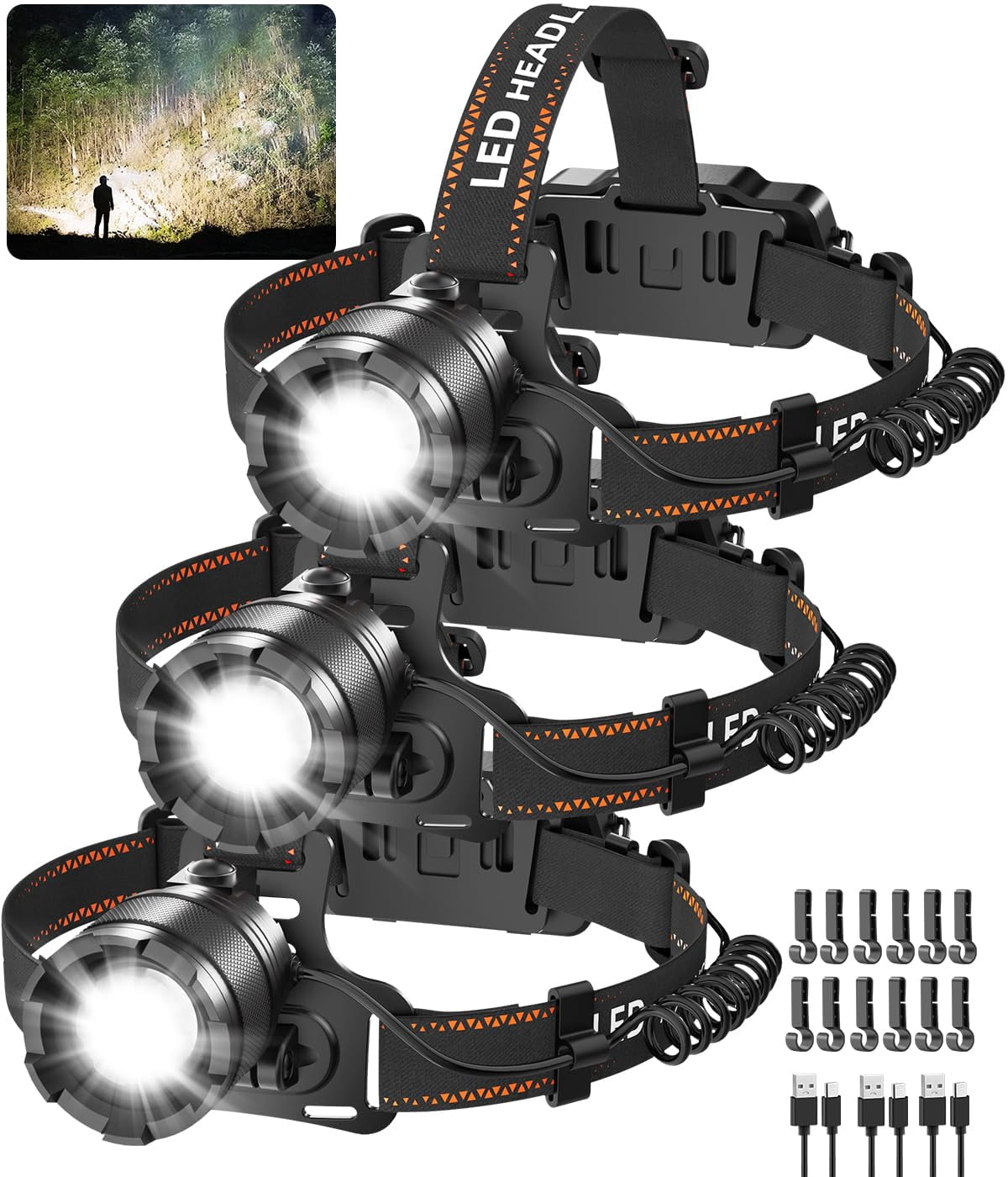 3pack Rechargeable Headlamps For Adults  3000l Super Bright Head Lamps Led 4mode Lights Forehead Hard Hat Adjustable Focus 90°headlight Waterproof Headlamp Camping