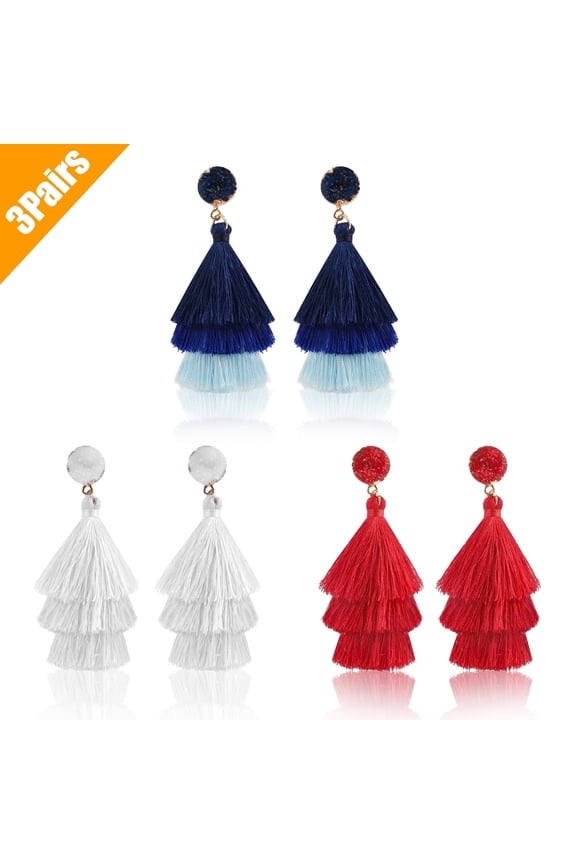 EEEkit 3pair Colorful Layered Tassel Earrings, Bohemian Statement Tiered Tassel Big Dangle Drop Earrings for Women, Druzy Studs Gift for Women,  Valentines Day Gift