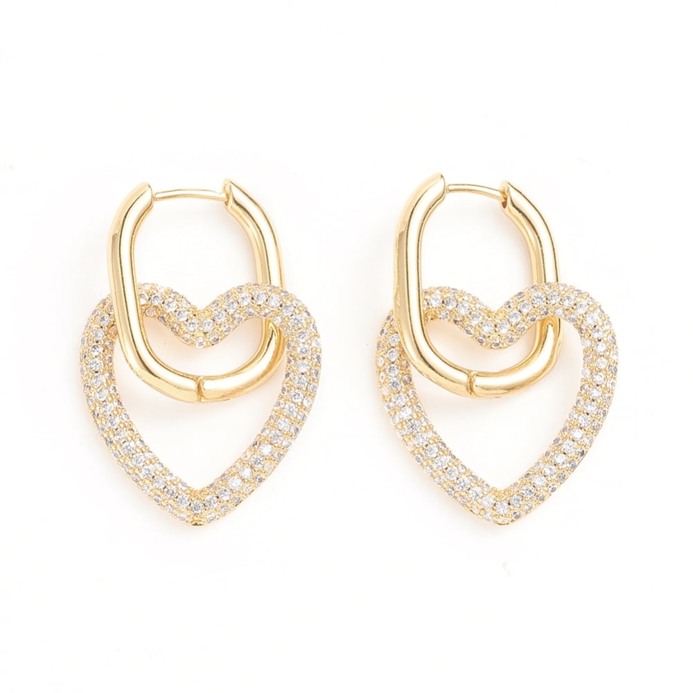 3pairs Brass Micro Pave Cubic Zirconia Huggie Hoop Earrings Long-Lasting Heart Clear 10 Gauge 37mm Pin: 0.8mm