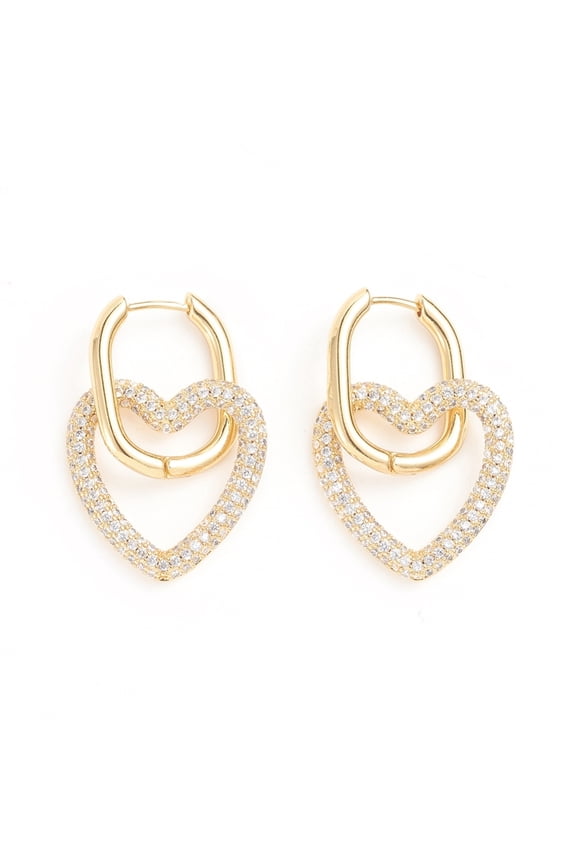 3pairs Brass Micro Pave Cubic Zirconia Huggie Hoop Earrings Long-Lasting Heart Clear 10 Gauge 37mm Pin: 0.8mm