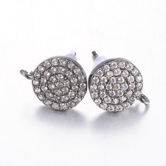 3pairs Brass Micro Pave Cubic Zirconia Stud Earring Findings with Loop Lead Free & Cadmium Free Flat Round Clear Gunmetal 11x9x2mm Hole: 1mm Pin: 0.8mm Clear