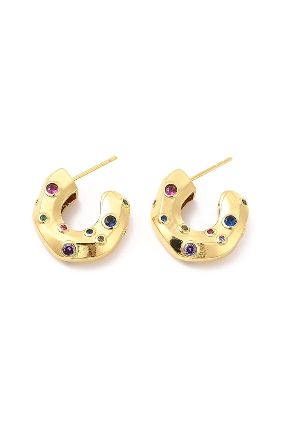 3pairs Cubic Zirconia C-shap Stud Earrings Real 18K golden Plated Half Hoop Earrings for Women Cadmium Free & Lead Free Colorful 20x6mm Pin: 0.9mm