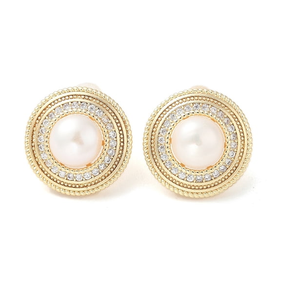 3pairs Pearl Ear Studs with Brass Micro Pave Clear Cubic Zirconia Findings and Pins Flat Round golden 15mm