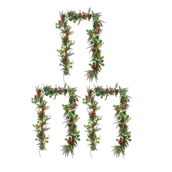 3pc 1.8 Meter 20 Led Berry Pinecone Christmas Garland With Warm White Lights, Battery Powered Mantel Tabletop Decor, Festive Holiday Design