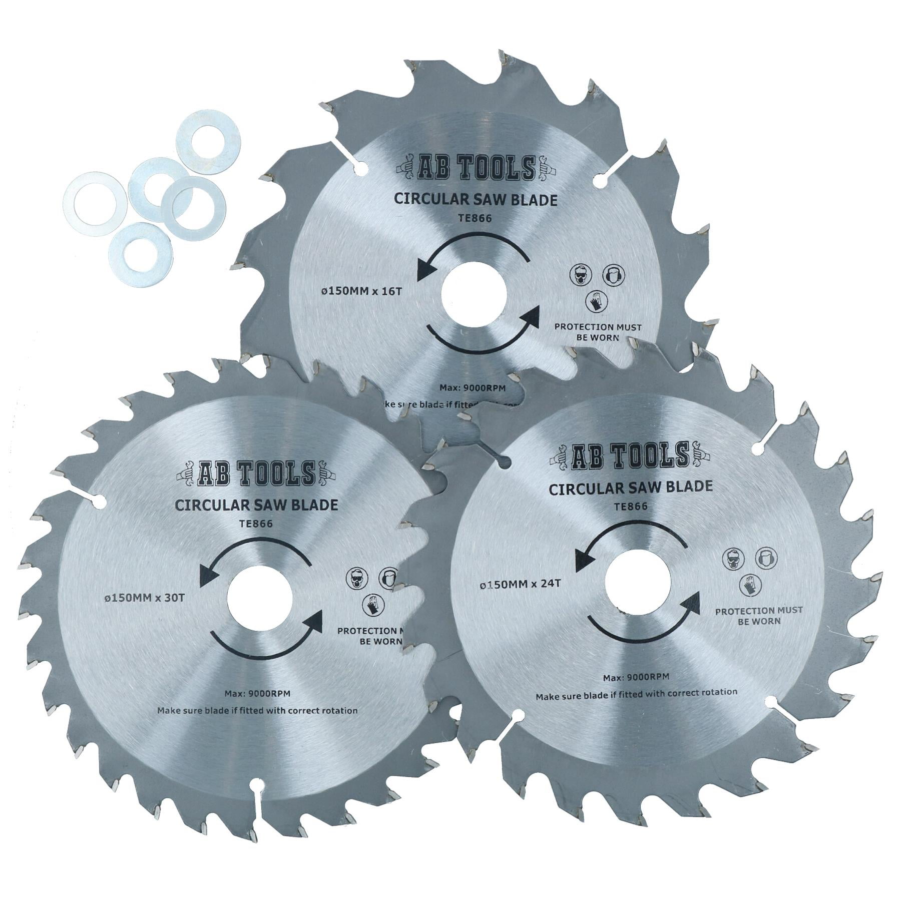 3pc 150mm TCT Circular Saw Blades 16/24/30 TPI & Adapter Rings Reducer ...