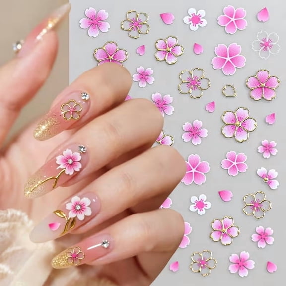 3pc 5D Embossed Cherry Blossom Nail Stickers - Self-Adhesive Pink Sakura Flower Decals with Golden Outline for Elegant Nail Art