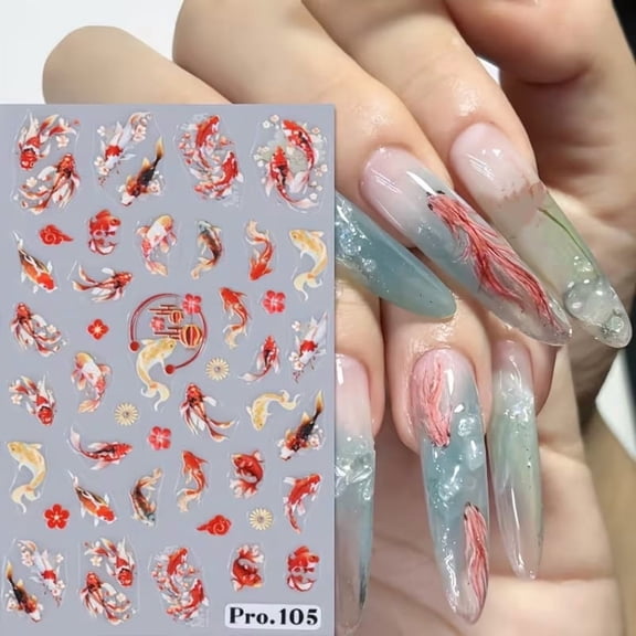 3pc 5D Embossed Koi & Phoenix Nail Art Stickers - Goldfish Floral Decals for DIY Manicure