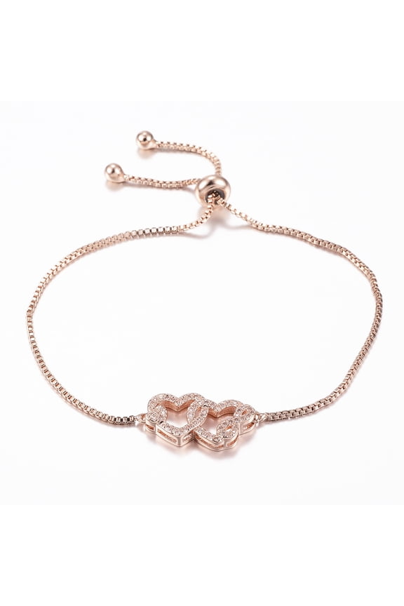 3pc Adjustable Brass Micro Pave Cubic Zirconia Slider Bracelets Interlocking Heart with Infinity Rose Gold 10-1/4 inch(260mm) 1.2mm