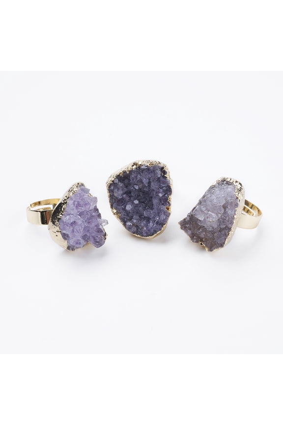 3pc Adjustable Natural Druzy Amethyst Finger Rings Size 8 Golden 18mm