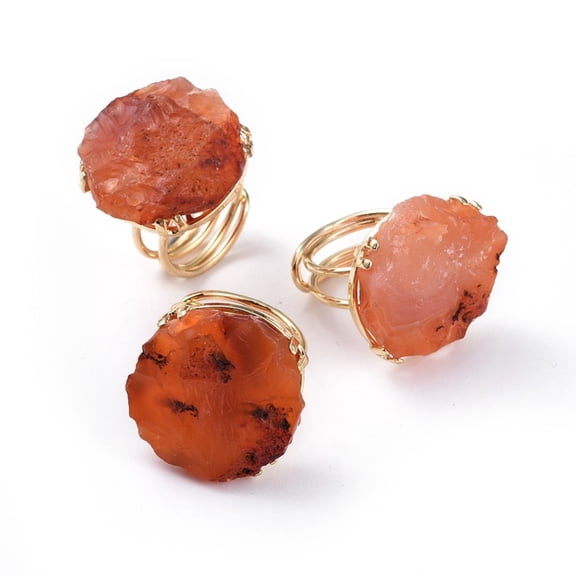 3pc Adjustable Natural Rough Raw Carnelian Finger Rings with Brass Findings Nuggets Golden Size 8~9 18~19.5mm