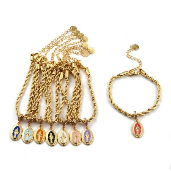3pc Alloy Enamel Oval with Charm Bracelets with Stainless Steel Rope Chains and Cubic Zirconia Golden Mixed Color 6-3/4 inch(17cm)