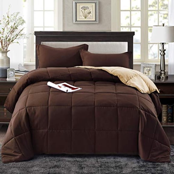 3pc Down Alternative Comforter Set - All Season Reversible Comforter with Sham - Quilted Duvet Insert with Corner Tabs - Box Stitched - Super Soft Fluffy Twin/Twin XL Chocolate