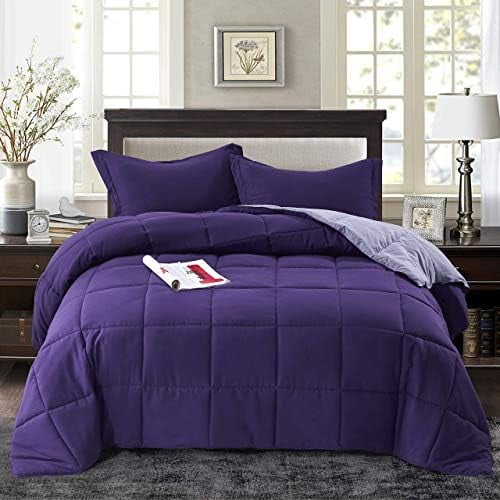 3pc Down Alternative Comforter Set - All Season Reversible Comforter with Sham - Quilted Duvet Insert with Corner Tabs - Box Stitched - Super Soft, Fluffy (Twin/Twin XL, Purple)