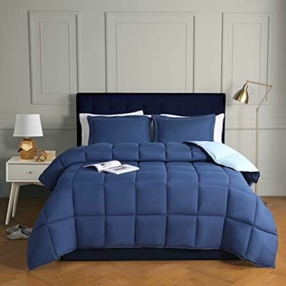 3pc Down Alternative Comforter Set - All Season Reversible Comforter with Two Shams - Quilted Duvet Insert with Corner Tabs - Box Stitched - Breathable, Soft (Full/Queen, Navy/Light Blue)
