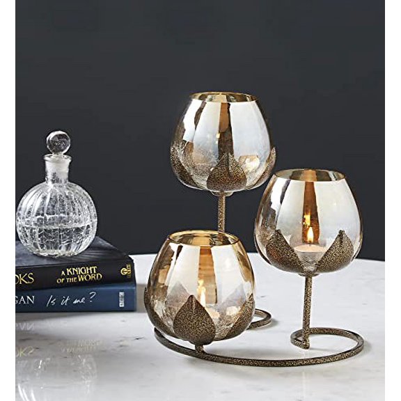 3pc Ancient Bronze - Gold Glass Candle Holders - 3- Candlesticks Holders Gold Glass Candle for Home Decoration Dinning Table Decoration Candle Wedding Holiday Dcor