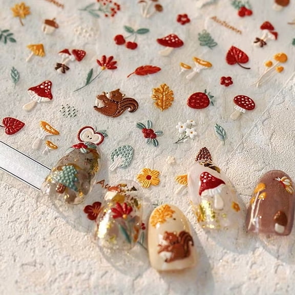 3pc Autumn Nail Art Stickers - Seasonal Fall Designs with Leaves, Mushrooms, and Squirrels - Self-Adhesive Nail Decals for DIY Manicure and Pedicure