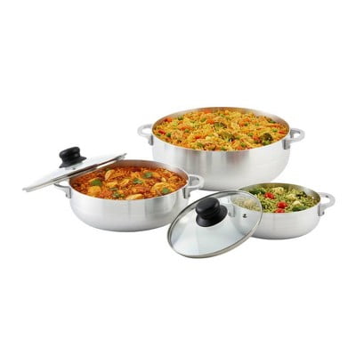 3pc Basic Caldero Set with Glass Lid: Aluminum Cookware, 6-Piece, Electric & Gas Compatible, Hand Wash