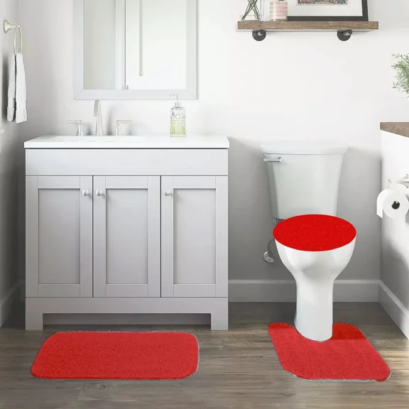 GHL Chenille 3 Piece Bath Rug Set with Contour Mat & Toilet Lid Cover, Rubber Backing