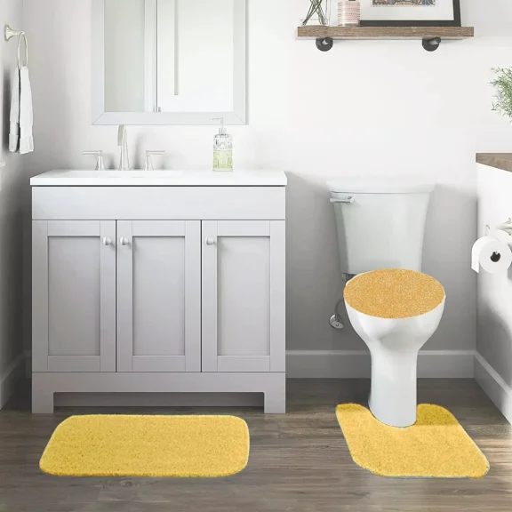 GHL Chenille 3 Piece Bath Rug Set with Contour Mat & Toilet Lid Cover, Rubber Backing
