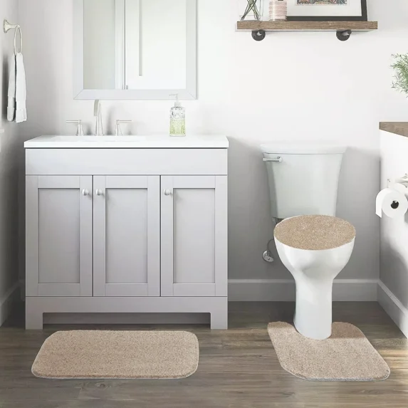 GHL Chenille 3 Piece Bath Rug Set with Contour Mat & Toilet Lid Cover, Rubber Backing