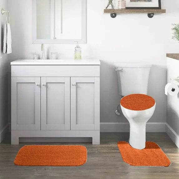 GHL Chenille 3 Piece Bath Rug Set with Contour Mat & Toilet Lid Cover, Rubber Backing
