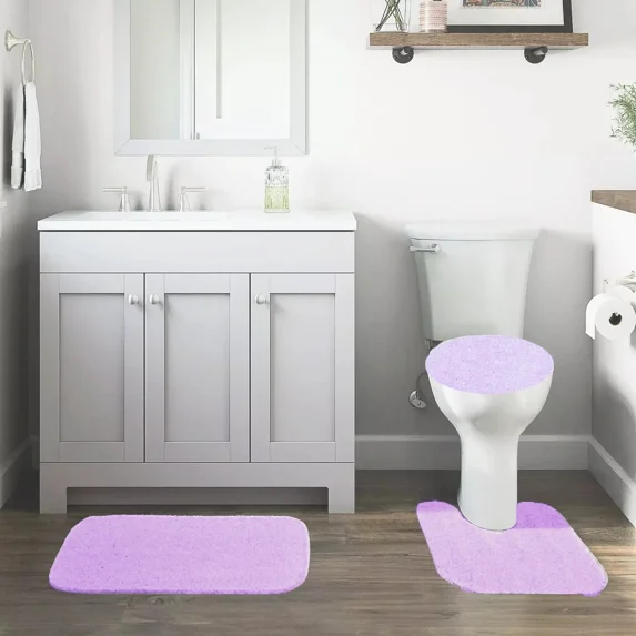 GHL Chenille 3 Piece Bath Rug Set with Contour Mat & Toilet Lid Cover, Rubber Backing