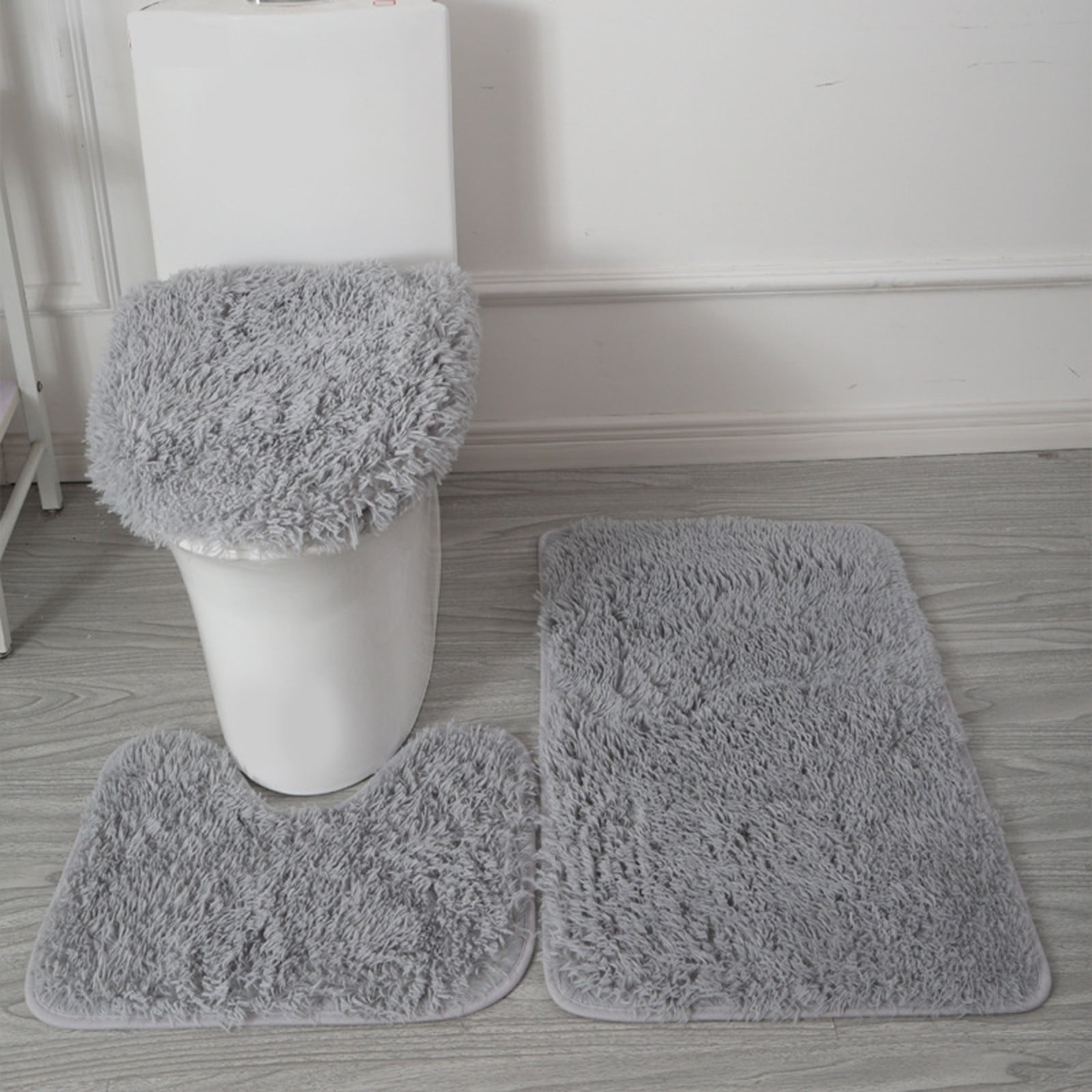 3pc Bathroom Set Rug Mat Toilet Lid Cover Plain Solid Color Bathmats Rugs Kit Non-Slip Fluffy Home Carpets For Bathroom