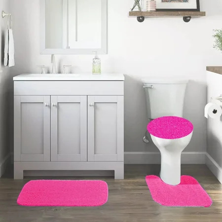 GHL Chenille 3 Piece Bath Rug Set with Contour Mat & Toilet Lid Cover, Rubber Backing